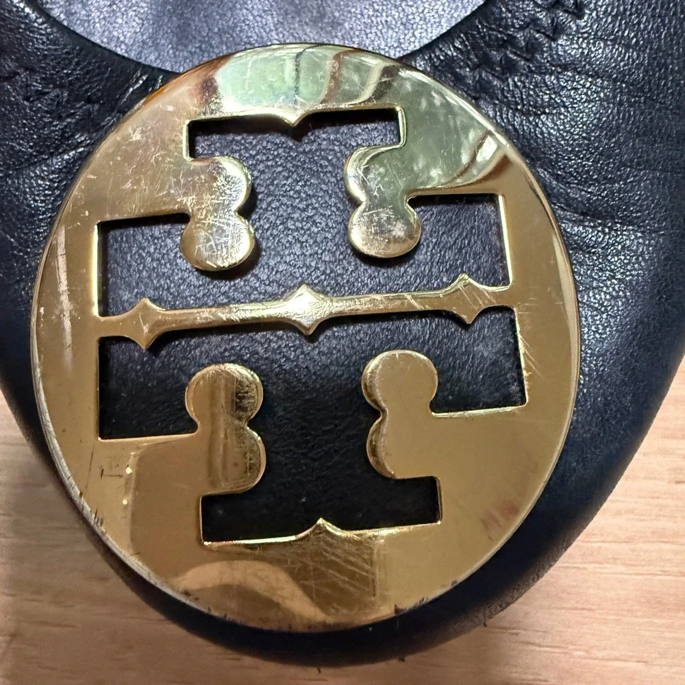 Tory Burch Minnie Travel Ballet Flats Womens 9.5 Black Gold Logo Medallion